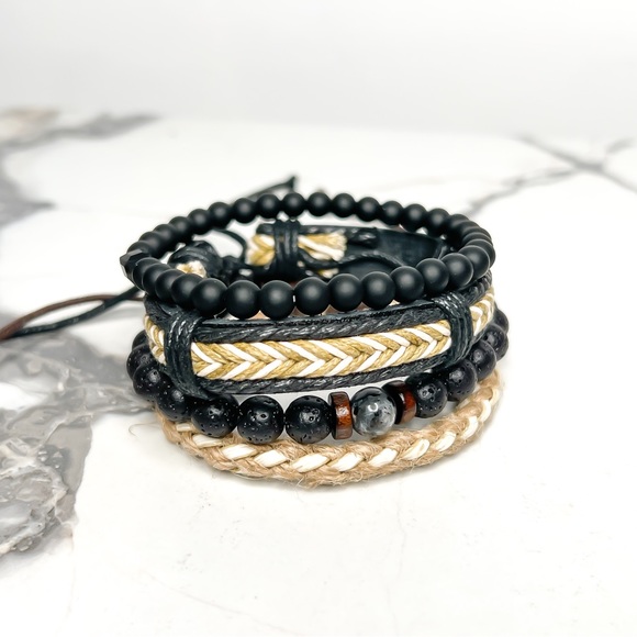 ✯ 4/$15 Men’s 4PC Lava Rock Onyx Olive Cowhide Bracelet Set - Picture 3 of 4